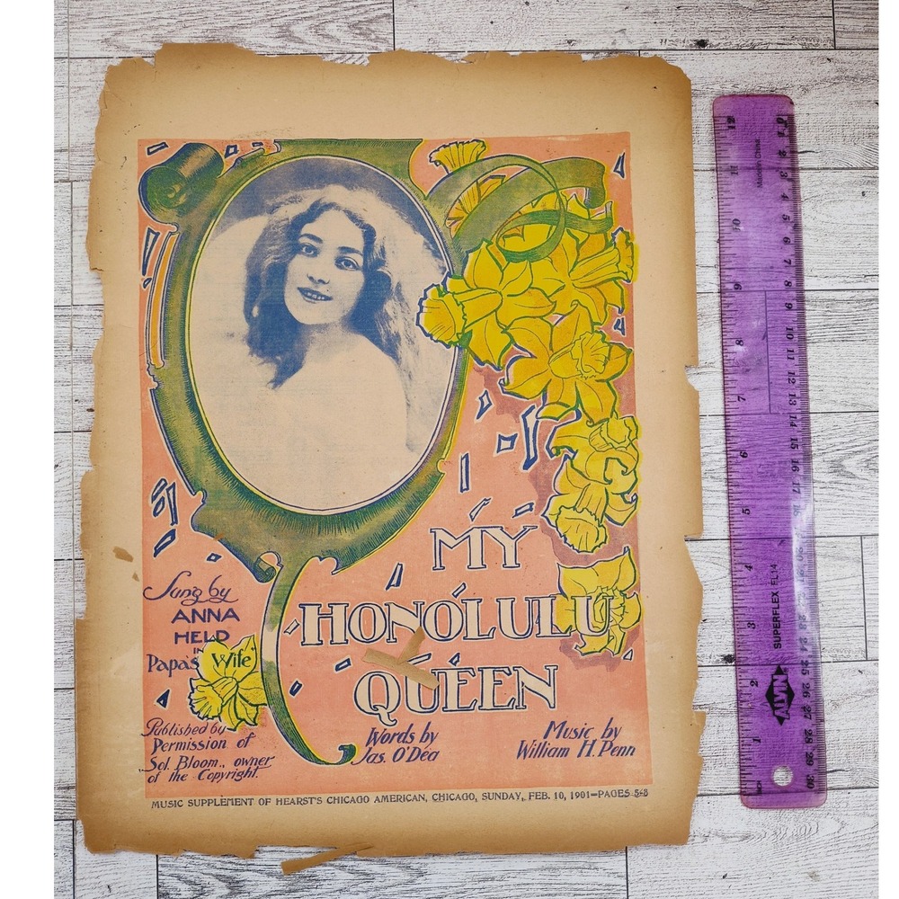 1901 My Honolulu Queen Sheet Music Anna Held Floral Art Nouveau Piano Score‎